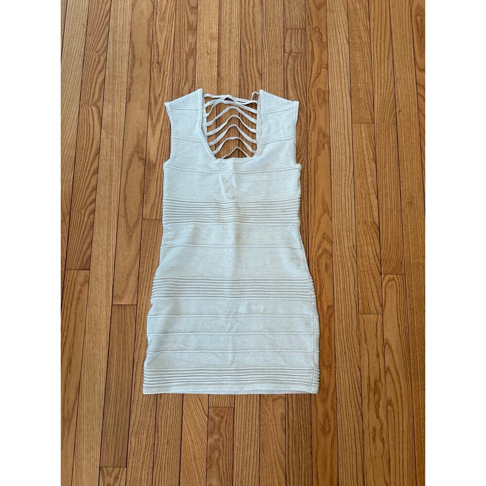 Mini dress metallic white open back sexy prom stripes ribbed disco retro scoop